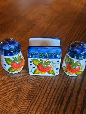 Hand-Painted Ceramic Strawberry Salt & Pepper Shakers with Napkin Holder